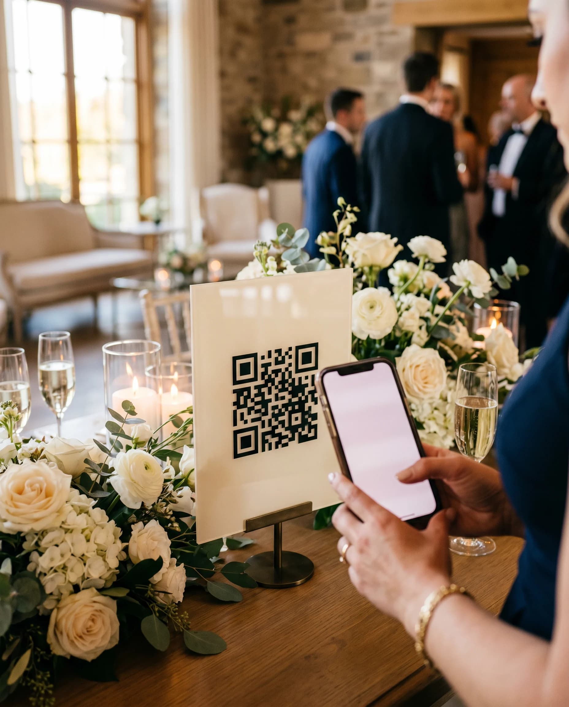 Ein Hochzeitsgast scannt mit dem Smartphone den QR-Code auf einem cremefarbenen Willkommensschild, umgeben von weißen Rosen, Kerzen und Champagner bei einer Feier im Kerzenschein