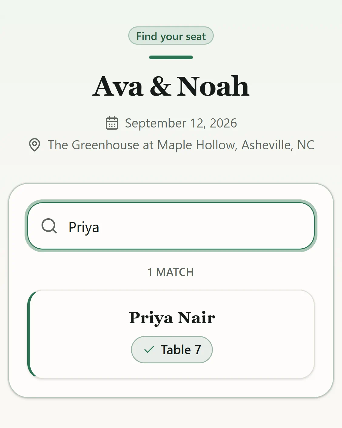 A screenshot of the guest page: part of a name typed into the search box, with the matching guest and their table shown below it.