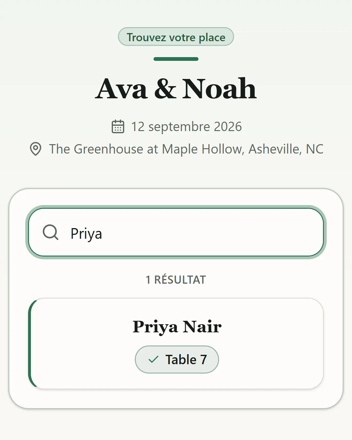 Capture d'écran de la page invité : un début de nom saisi dans la recherche, avec l'invité correspondant et sa table affichés en dessous.