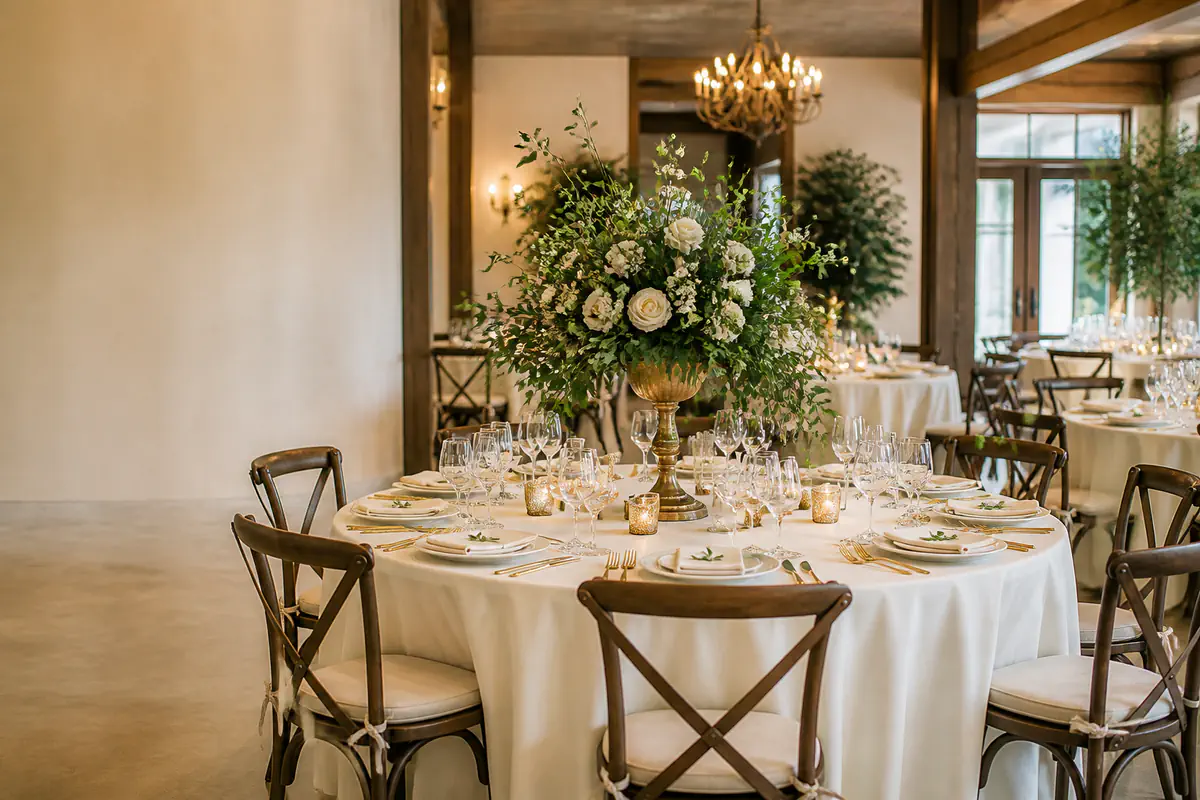 Une salle de réception prête à accueillir un mariage, avec tables ivoire, chaises en bois et compositions végétales.
