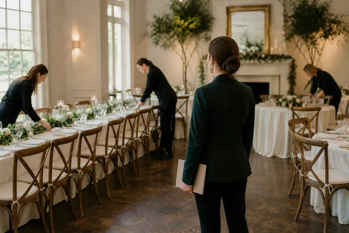 Une coordinatrice de lieu supervise les derniers ajustements des tables par son équipe.
